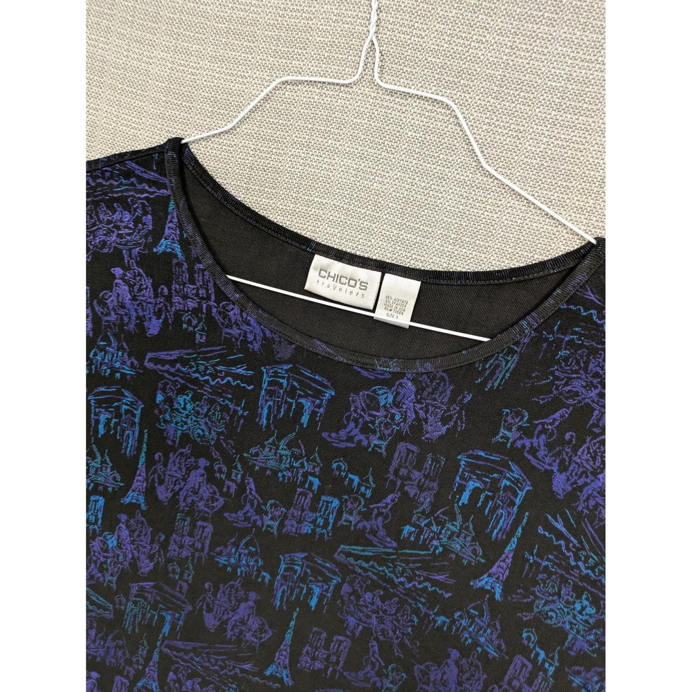 Chicos Travelers Shirt Womens 3 Black Travel Print 3/4 Sleeve Stretch Knit Top